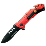 8"  Black Finished Blade Red & Black Aluminum Handle Spring Assisted Folding Knife With Belt Cutter