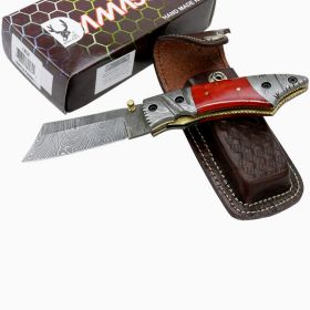 TheBoneEdge 7.5" Damascus Blade Folding Knife Brown Horn Handle Handmade Sheath
