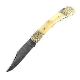 8.5" Damascus Blade Folding Knife Pearl Style Handle hand made with Sheath