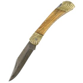TheBoneEdge 8" Damascus Blade Folding Knife Wood Gold trim hand made with Sheath