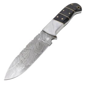 TheBoneEdge 9" Horn Handle Damascus Steel Hunting Knife with Leather Sheath