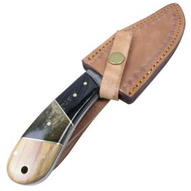 TheBoneEdge 9" Damascus Steel Horn & Wood Hadle Hunting Knife with Leather Sheath