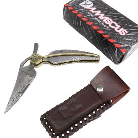 TheBoneEdge 9" Damascus Blade Leaf Design Handle Folding Knife With Leather Sheath
