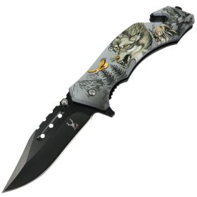 TheBoneEdge 8" Wolf Wildlife Folding Knife Spring Assisted Stainless Steel