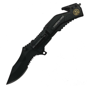 Defender 8" All Black Serrated Blade Spring Assisted Folding Knife W/ Belt Cutter & Clip