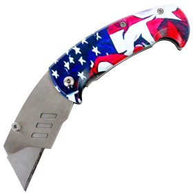 Defender 6" Box Cutter Knife Flag Handle Replaceable Blade Pocket Folding Knives