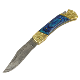 TheBoneEdge 7" Hand Made Damascus Blade Folding Knife Pakkawood Handle Blue New