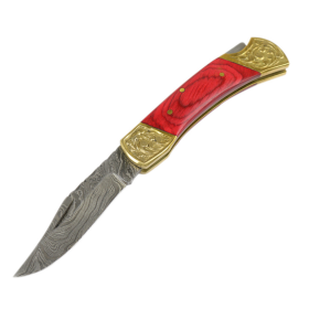 TheBoneEdge 7" Hand Made Damascus Blade Folding Knife Pakkawood Handle Red New