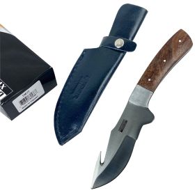 Defender-Xtreme 9" Wood Handle Stainless Steel Hook Blade Hunting Knife With Leather Sheath