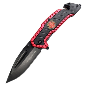 8" Red & Black Spring Assisted Folding Knife Heavy Duty Steel New w/ Fire Fighter Logo