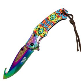Defender-Xtreme 8" Spring Assisted Folding Knife Rainbow Blade w/ Designer Handle