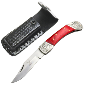 TheBoneEdge 9" Red Wood Handle Stainless Steel Blade Folding Knife With Leather Pouch