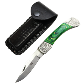 TheBoneEdge 9" Green Wood Handle Stainless Steel Blade Folding Knife With Leather Pouch