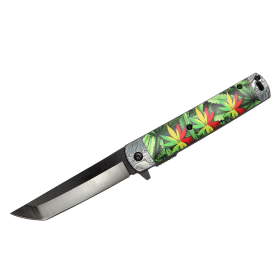 8" Leaves Design Handle Black Blade Spring Assisted Folding Knife 