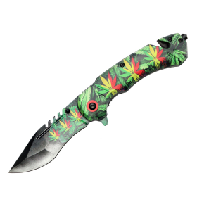 8" Leaves Design Handle & Blade Spring Assisted Folding Knife W/ Belt Cutter