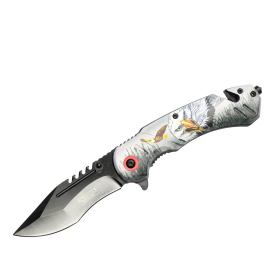 Defender-Xtreme 8" Eagle Design Handle Spring Assisted Folding Knife W/ Belt Cutter