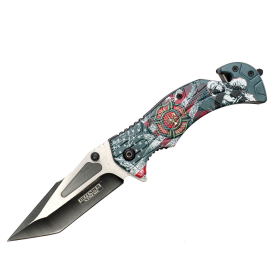 Defender-Xtreme 8" Fire Department Design Handle Two Tone Blade Spring Assisted Folding Knife 