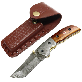 TheBoneEdge 7" Damascus Blade Folding Knife Wood Handle With Damascus Bolster 