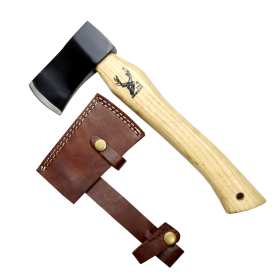 TheBoneEdge 12" Hunting Axe Black Steel Blade Brown Wood Handle With Sheath