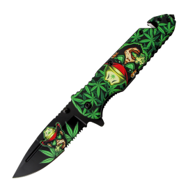 8.5" Monkey Design Green Handle Spring Assisted Folding Knife W/ Belt Cutter 