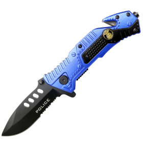 8"  Black Finished Blade Blue & Black Aluminum Handle Spring Assisted Folding Knife With Belt Cutter