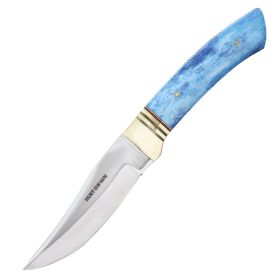 Hunt-Down 9" Full Tang Hunting Knife Blue Horn Handle With Leather Sheath