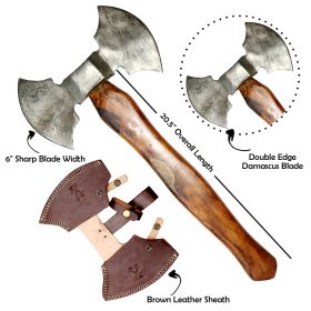 TheBoneEdge 20.5" Double Edge Damascus Blade Hunting Axe Brown Handle W / Sheath