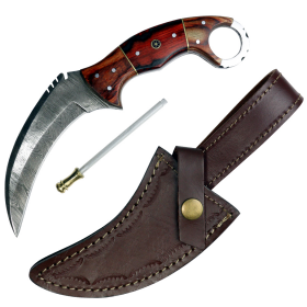 TheBoneEdge 9" Damascus Blade Red & Black Wood Handle Hunting Knife with Leather Sheath