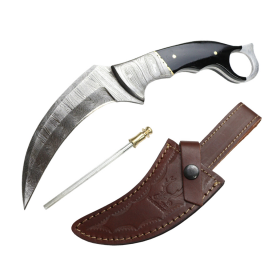 TheBoneEdge 9.5" Damascus Blade Black Resin Handle Hunting Knife with Leather Sheath