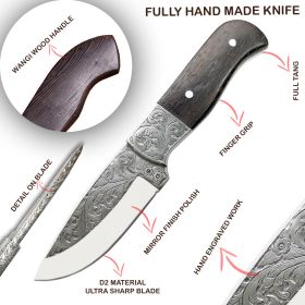 TheBoneEdge 10" Custom Hand Made Engraved Blade Wanging Wood Handle Tracker Hunting knife With Sheath