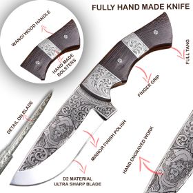 TheBoneEdge 10"  Wanging Wood Handle Engraved Blade Hand Made Tracker Hunting knife With Sheath