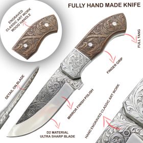 TheBoneEdge 10" Rose Wood Handle Engraved Blade Hand Made Tracker Hunting knife With Sheath