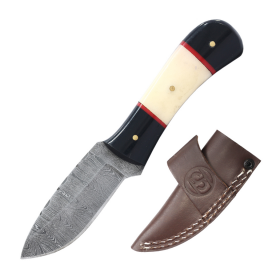 TheBoneEdge 6" Black Resin & Bone Handle Damascus Blade Hunting Knife With Sheath