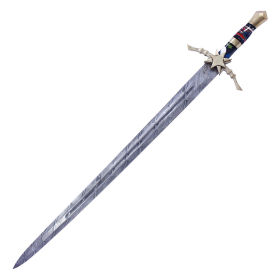 TheBoneEdge 40" Damascus Blade Star Style Multi Resin Handle Sword With Genuine Leather Sheath
