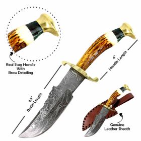 TheBoneEdge 8.5" Damascus Blade Hunting Sharp Knife Real Stag Handle Leather Sheath