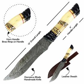 TheBoneEdge 13" Damascus Steel Hunting Knife Horn Handle Outdoor Survival Camping