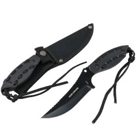 Hunt-Down 8" Black Hunting Knife With Black Handle and Black paracord & Sheath