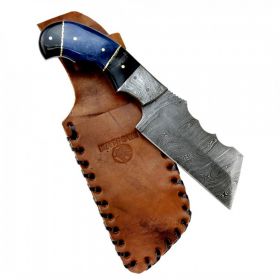 Hunt-Down 9" Damascus Blade Horn Handle Hunting Knife with Leather Sheath