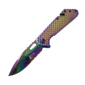 8.5" TheBoneEdge Spring Assisted Folding Knife Rainbow With Belt Cutter & Glass Breaker