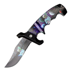 9" Serrated Blade Spring Assisted Folding Knife Purple & Black ABS Handle W/ Belt Cutter