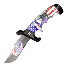 9" Serrated Blade Spring Assisted Folding Knife USA Flag ABS Handle W/ Belt Cutter